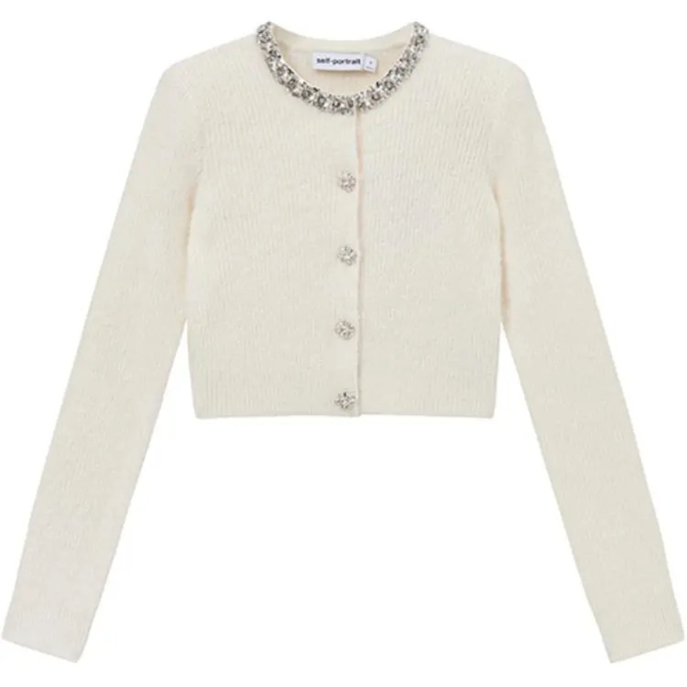 Self Portrait Embellished Soft Knit Cardigan in Cream